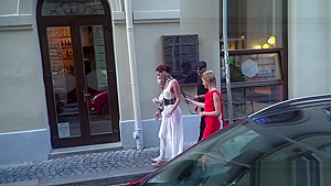 Slaves in white dresses fucking in public