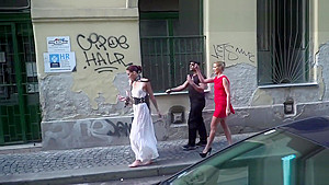 Slaves in white dresses fucking in public