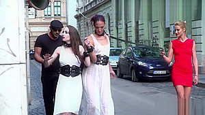 Slaves in white dresses fucking in public