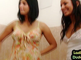 Strapon dominant babes spank and fuck guy in bathroom 3way