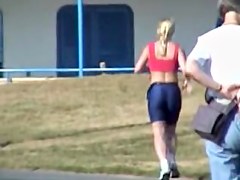 Sweet blonde in candid tight shorts is running so fast 01p