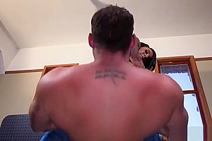 Tattooed tranny fitness instructor fucks guy
