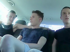 Three twinkies doing hardcore anal fucking in a small car