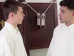 Twink fills his mouth with old priests cock and fucked