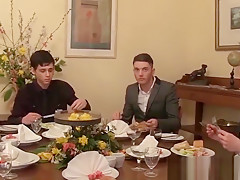 Twink waiter sucks and rides dick after the dinner service