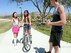 Two sweet Asian babes fucked by one guy