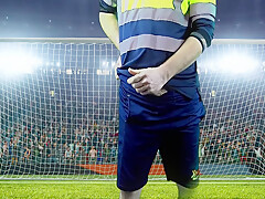 Victorious Goalkeeper Celebrates With Champagne At Big Match