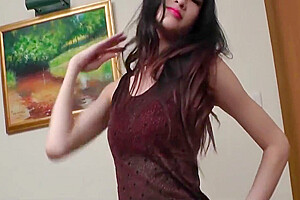 Young Skinny Ladyboy In Brown Dress Strips And Jerks Off On