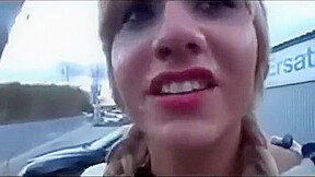 blonde sucks a cock for a facial then takes a walk into a store