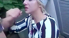 blonde sucks a cock for a facial then takes a walk into a store