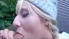 blonde sucks a cock for a facial then takes a walk into a store